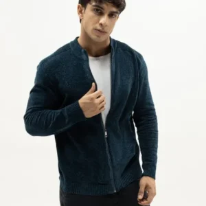 JUPITER C - BLUE CARDIGAN ZIPDOWN MOCKNECK SWEATER