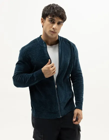 JUPITER C - BLUE CARDIGAN ZIPDOWN MOCKNECK SWEATER