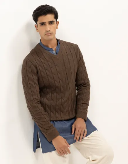 PLUTO B - CHOCOLATE BROWN V-NECK SWEATER